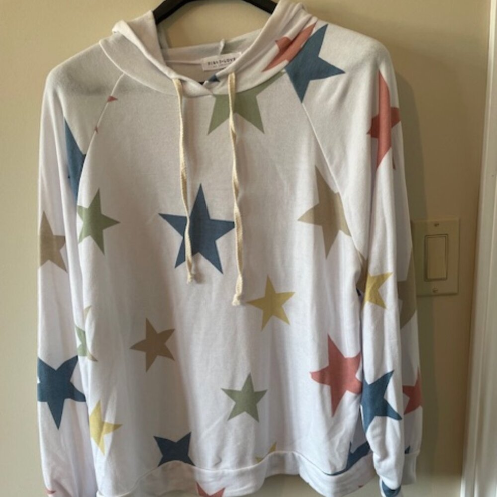 FIRST LOVE White Long Sleeved Hoodie w printed coloured stars  Sz L NWT